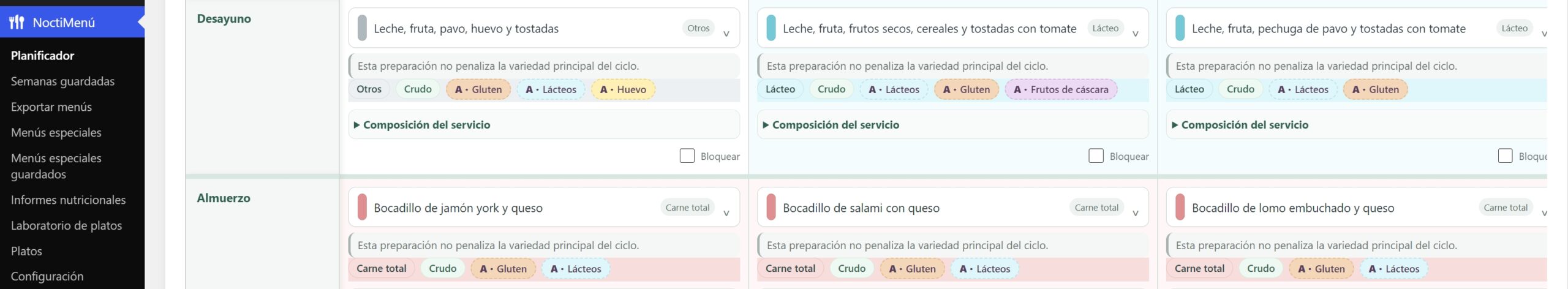 Detalle de los servicios y preparaciones en el planificador de NoctiMenú